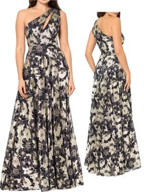 Betsy & Adam One-Shoulder Floral Gown (Navy and Gold)